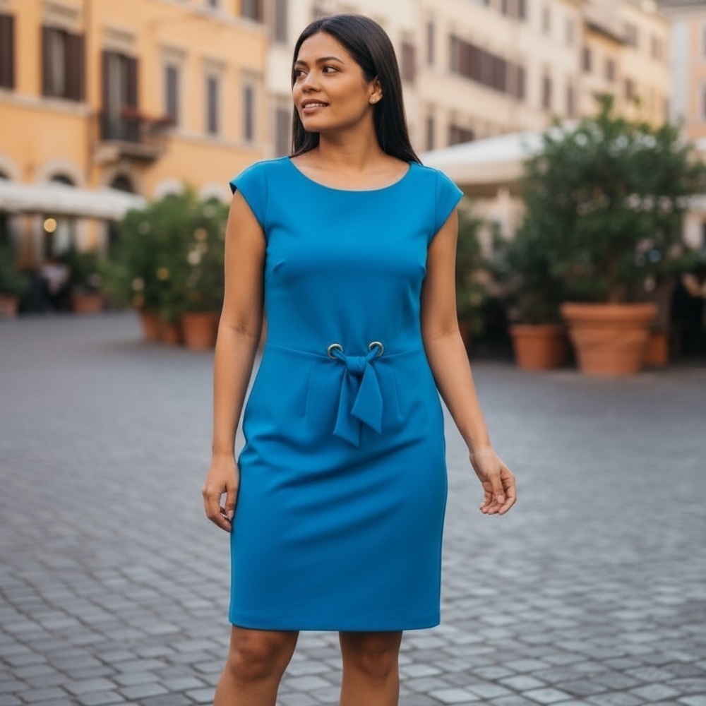 Just Taylor Blue Cap Sleeve Sheath Dress with Waist Tie Size 4